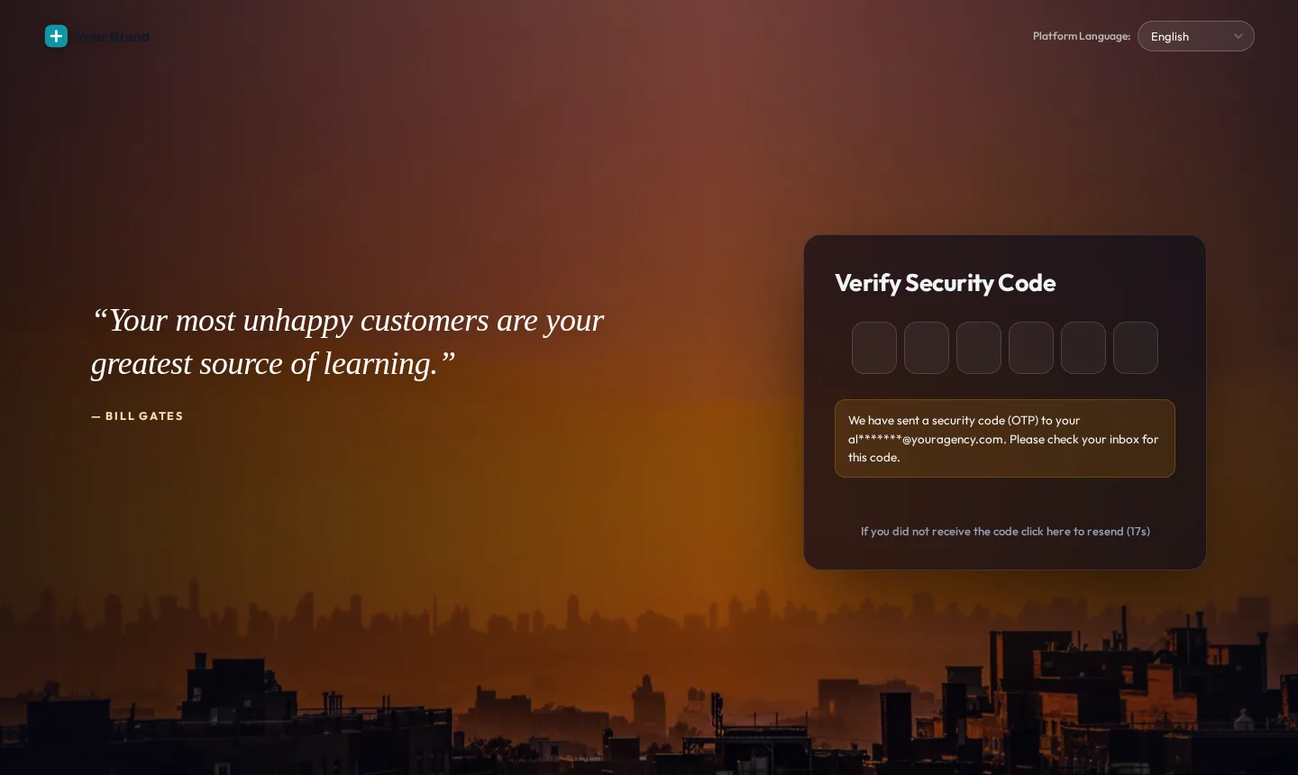 The Cinematic login design on the two-factor screen: a Verify Security Code card over the amber city skyline