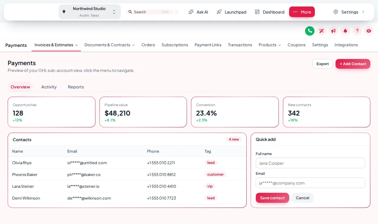 GoHighLevel with the menu moved into a floating top bar on the Creative Agency theme, Payments section open