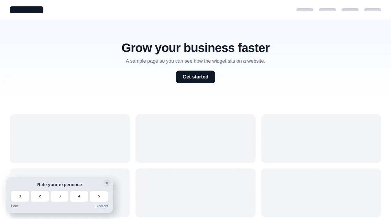 A Rate your experience widget in the bottom-left corner of a sample website with score buttons from 1 to 5