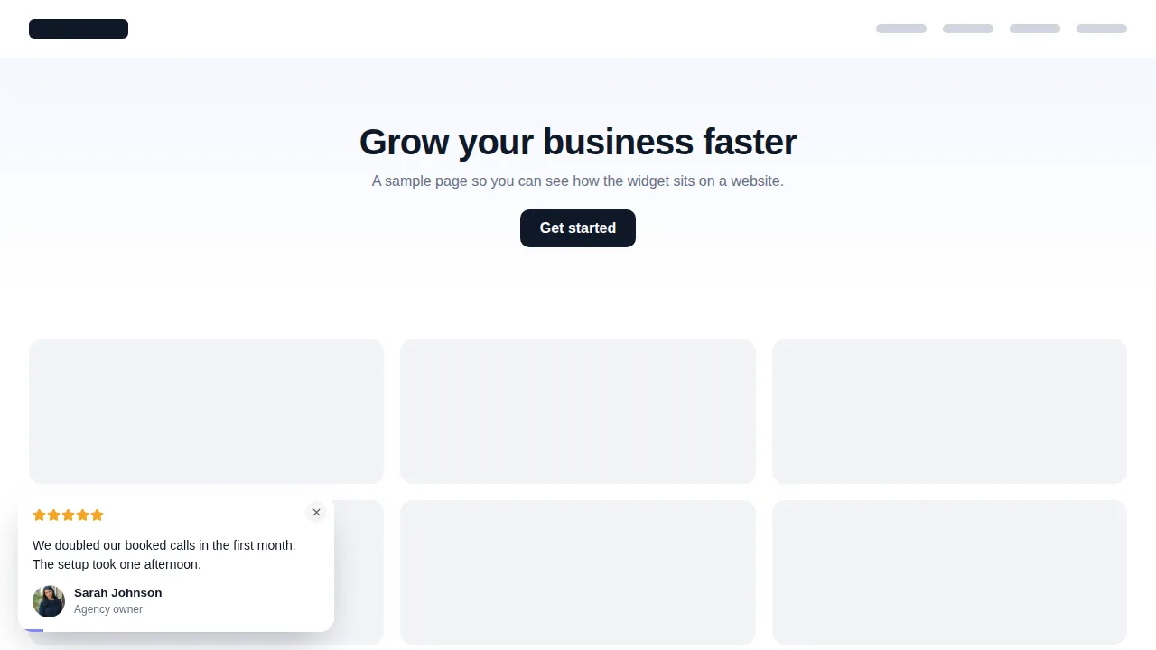 A review card widget on a sample website with five stars and a short sample quote