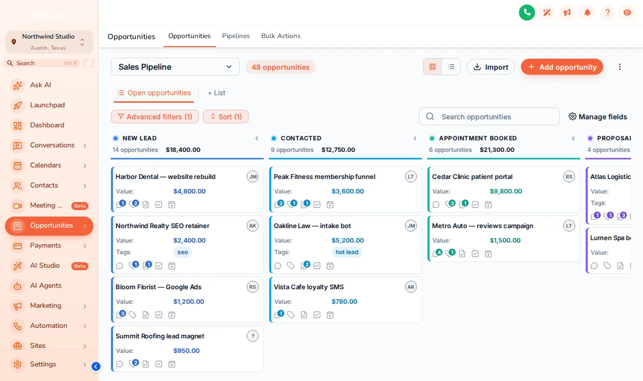 GoHighLevel opportunities board in the Compact Pro design with the Sunset Coral theme: dense white cards and coloured stage dots