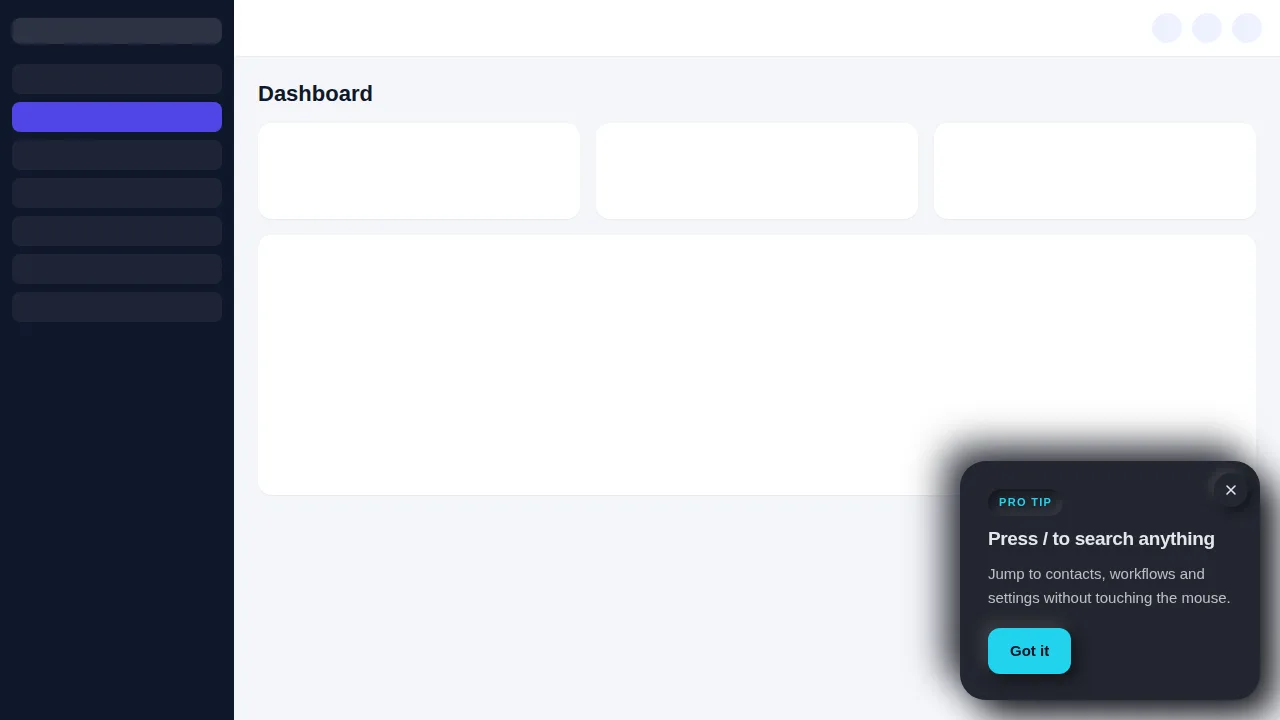 A dark soft-UI pro tip slide-in inside a GoHighLevel sub-account, telling users how to search contacts and workflows