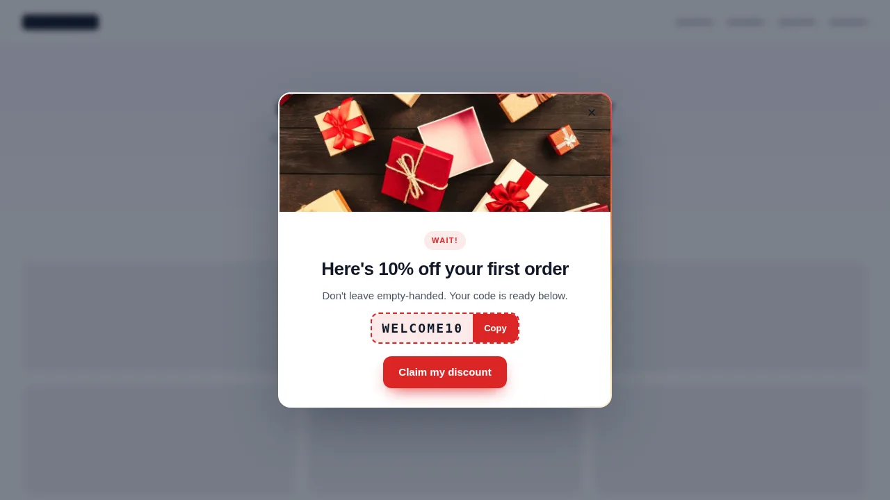 An exit-intent popup on a website offering 10% off the first order with a copyable WELCOME10 code